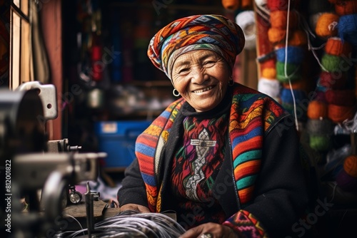 A Vision of Craftsmanship: The Radiant Smile of a Seamstress Framed by the Colorful Tapestry of Her Quaint Sewing Shop photo