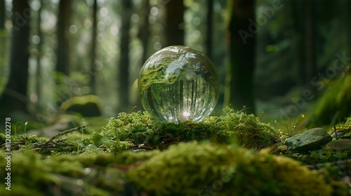 crystal globe on moss in a forest - environment concept