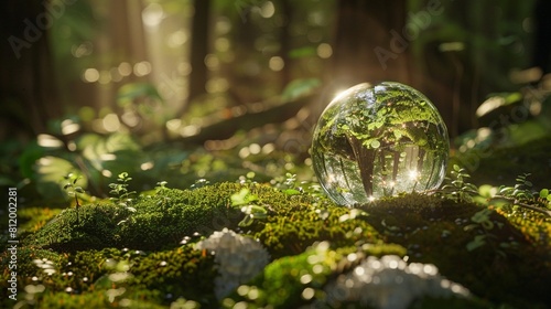 crystal globe on moss in a forest - environment concept