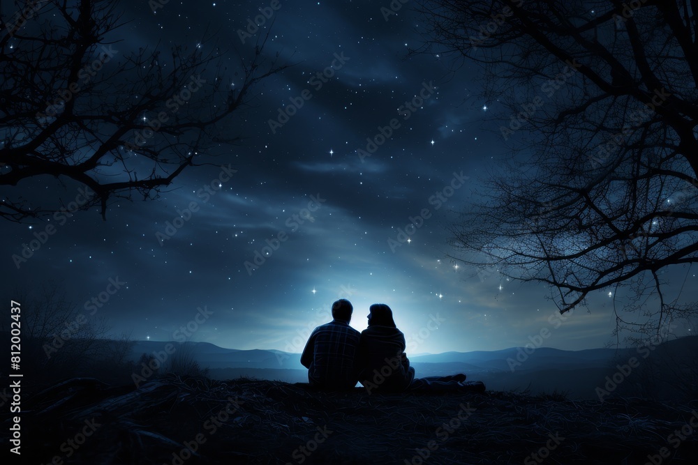 The couple sit on the hill and watch the stars in the night sky. The couple sit on the hill and watch the stars in the night sky.