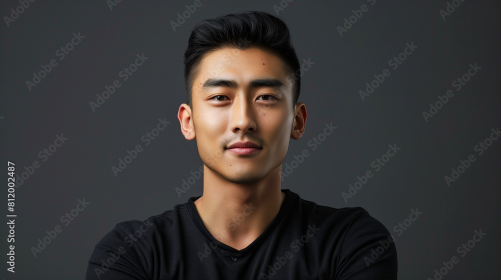 Young Asian Man in Black Shirt Against Black Background Young Asian Man in Black Shirt Against Black Background