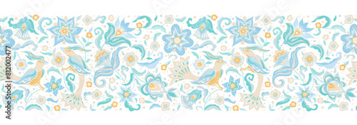 Vector elements, frame, seamless border, pattern, frieze, for design template. Floral pastel ornament in Oriental style. Birds and flower illustration. Ethnic ornamental decor, ornaments background.