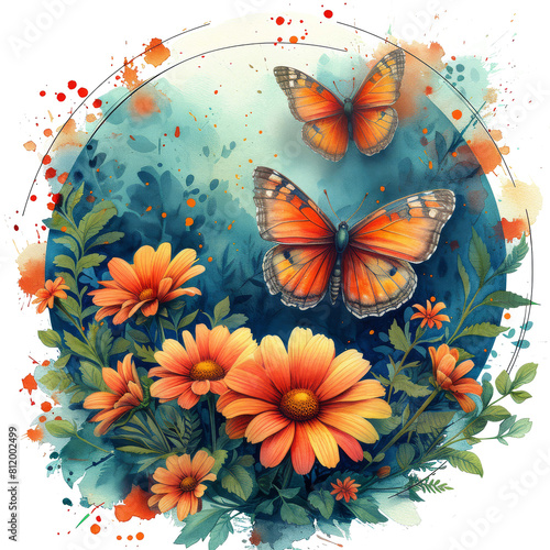 A watercolor painting of a field of flowers and butterflies flying over it, with a white background