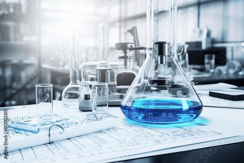 chemistry lab with a round bottom flask, and other lab equipment on a table. photo