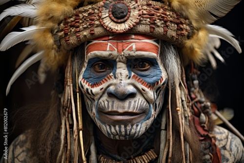 Native American man wearing a traditional headdress and face paint. He is looking at the viewer with a serious expression. photo