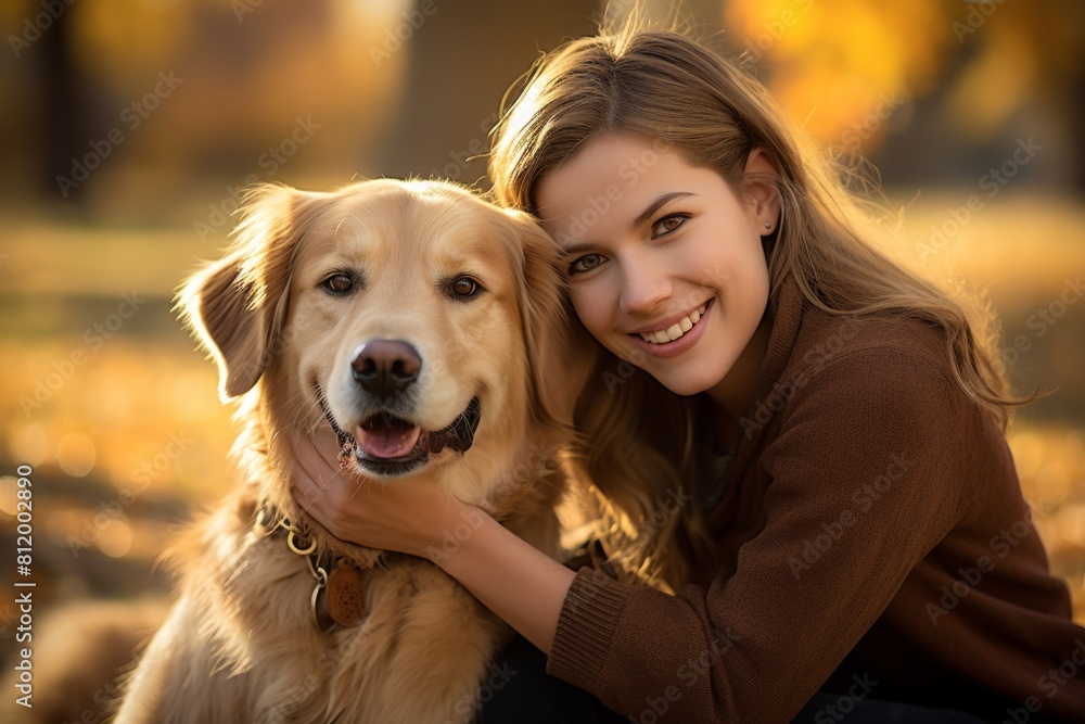 A Serene Afternoon Portrait of a Smiling Young Woman with Her Playful Golden Retriever at the Bustling Neighborhood Dog Park A Serene Afternoon Portrait of a Smiling Young Woman with Her Playful Golden Retriever at the Bustling Neighborhood Dog Park