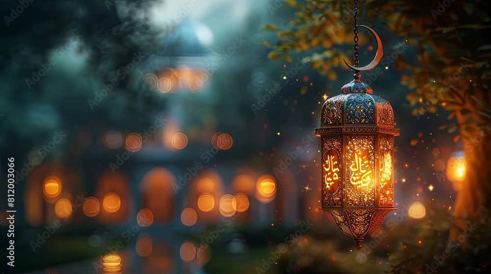 Captivating Ramadan calligraphy featuring a crescent moon (hilal) and a vintage Arabic lantern Captivating Ramadan calligraphy featuring a crescent moon (hilal) and a vintage Arabic lantern