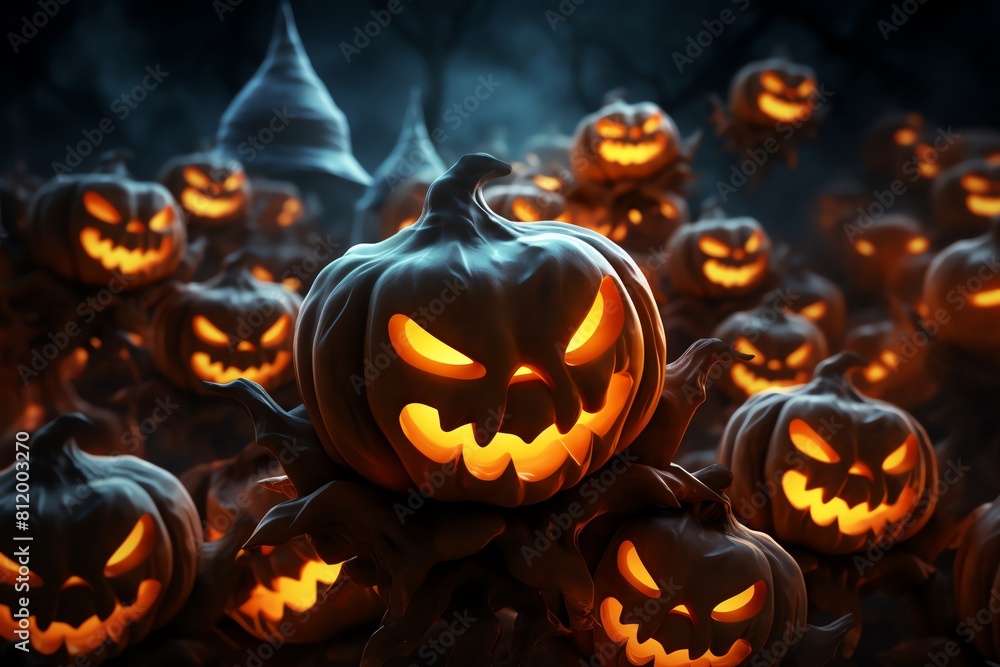 Fototapeta premium This is a picture of a lot of jack-o-lanterns with scary faces carved into them. They are lit up and glowing in the dark. The background is dark andSpooky.