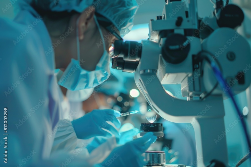 Female scientist examining sample under microscope, suitable for science and research concepts Female scientist examining sample under microscope, suitable for science and research concepts