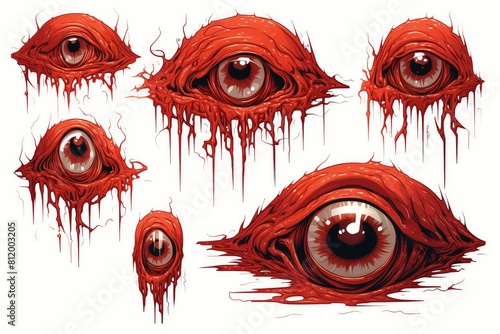 Set of 6 red eyeball illustrations with dripping blood.