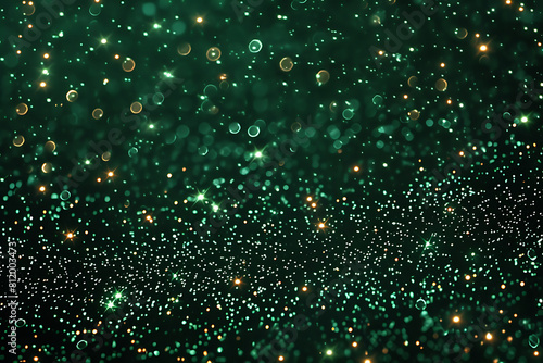 Green Sparkling Lights Festive background with texture. Abstract twinkled bright bokeh defocused and Falling stars. Winter Card or invitation