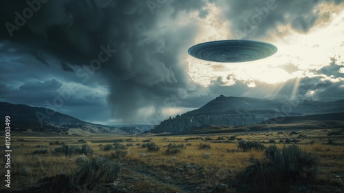 A flying saucer hovering in a field with majestic mountains in the background. Ideal for science fiction or alien-themed projects