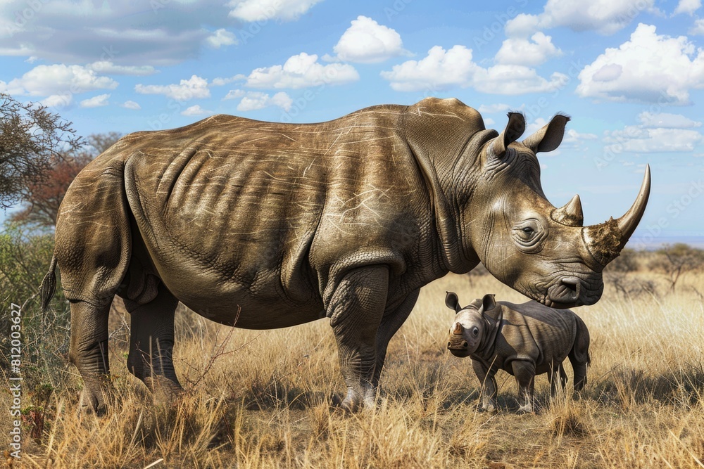 Obraz premium A large rhino standing next to a baby rhino. Suitable for wildlife concepts
