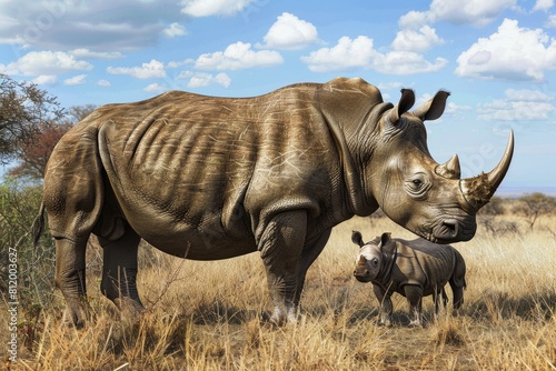 A large rhino standing next to a baby rhino. Suitable for wildlife concepts