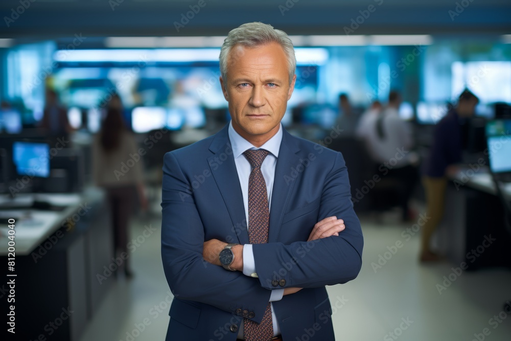 A Seasoned Journalist with a Determined Gaze Stands Confidently in Front of a Busy Newsroom, Embellished with Screens and Stories Unfolding A Seasoned Journalist with a Determined Gaze Stands Confidently in Front of a Busy Newsroom, Embellished with Screens and Stories Unfolding