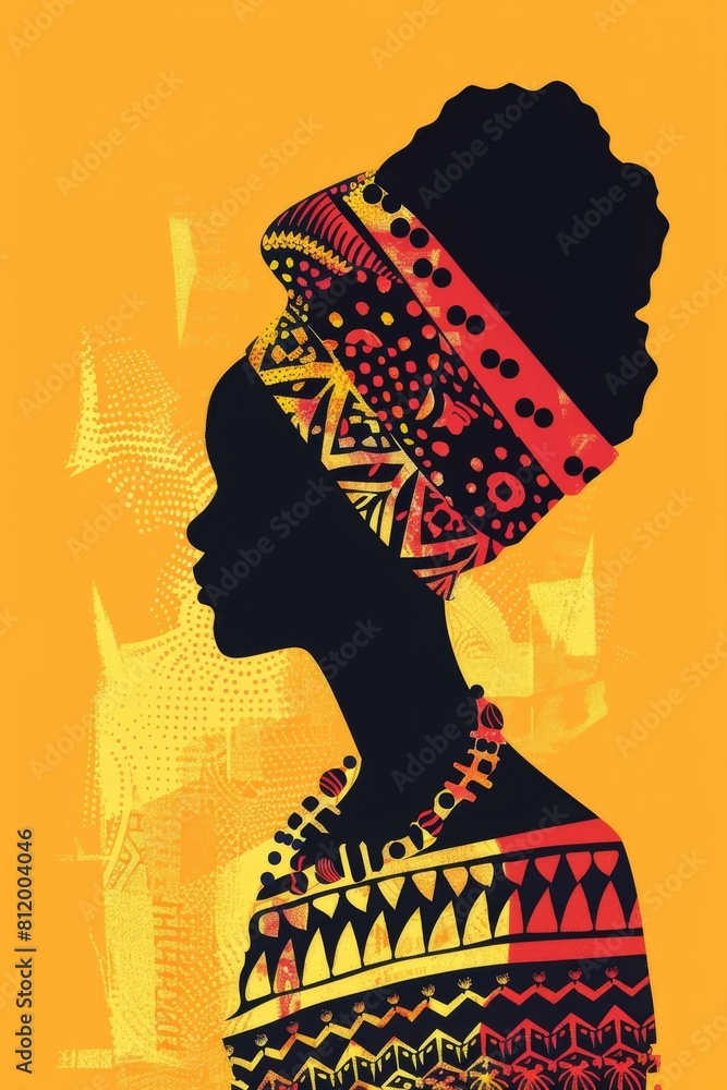 Fototapeta premium African Queen Illustration Woman with Traditional Patterns, Yellow Background - Cultural Representation, Modern Art, Fashion Industry