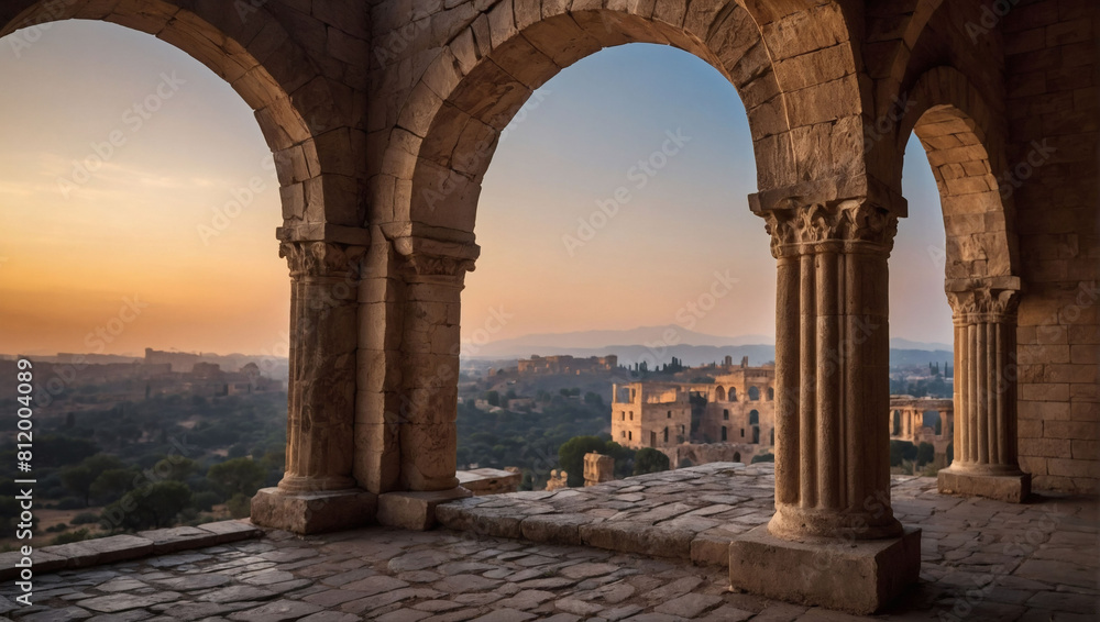 Timeless Grandeur, Stone Arches of Ancient Classic Architecture Enveloped in Flames