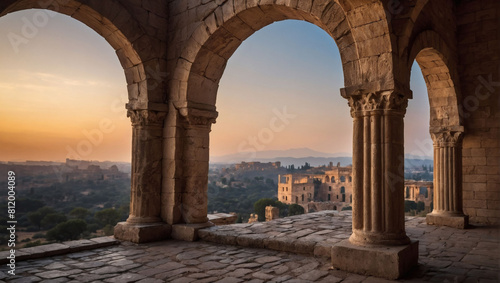 Timeless Grandeur  Stone Arches of Ancient Classic Architecture Enveloped in Flames