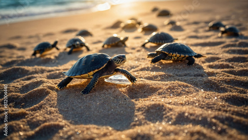 Tiny Adventurers  Many Baby Turtles Scrambling Across Sandy Beach  Headed for the Ocean