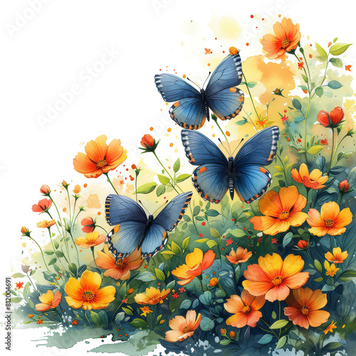 A watercolor painting of a field of flowers and butterflies flying over it, with a white background