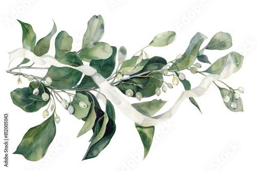 A painting of a branch with beautiful leaves and flowers. Suitable for nature-themed designs