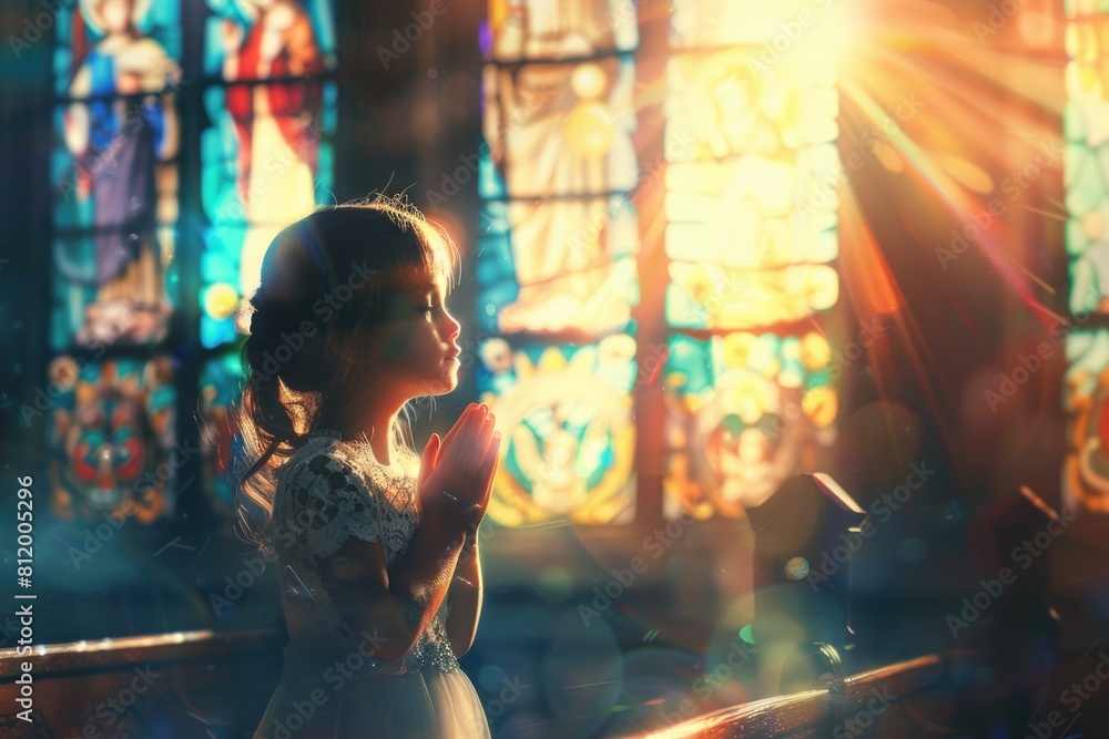 A young girl standing in front of a colorful stained glass window. Suitable for religious or artistic concepts A young girl standing in front of a colorful stained glass window. Suitable for religious or artistic concepts