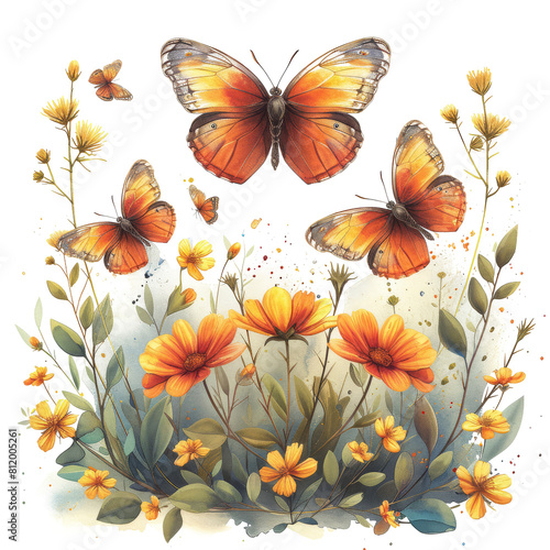 A watercolor painting of a field of flowers and butterflies flying over it, with a white background