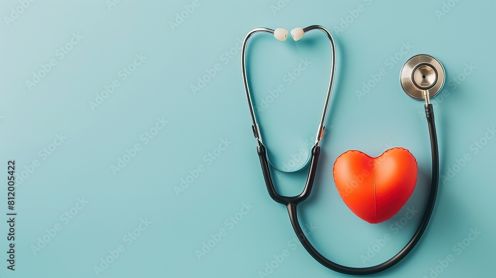 Heart health, health care concept. Stethoscope near rubber heart on blue background, Generative Ai Heart health, health care concept. Stethoscope near rubber heart on blue background, Generative Ai
