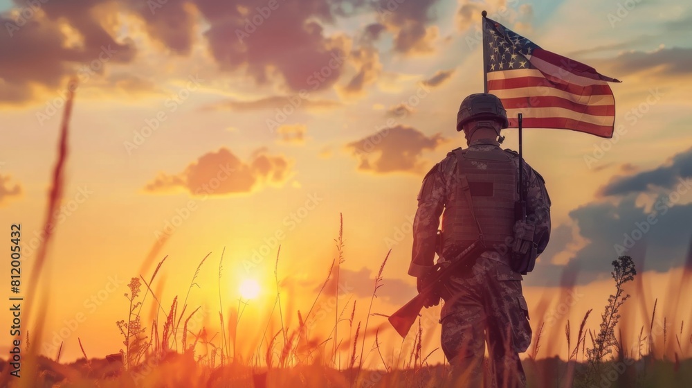 Soldier and USA flag on sunrise background .Concept National holidays , Flag Day, Veterans Day, Memorial Day, Independence Day, Patriot Day. Soldier and USA flag on sunrise background .Concept National holidays , Flag Day, Veterans Day, Memorial Day, Independence Day, Patriot Day.