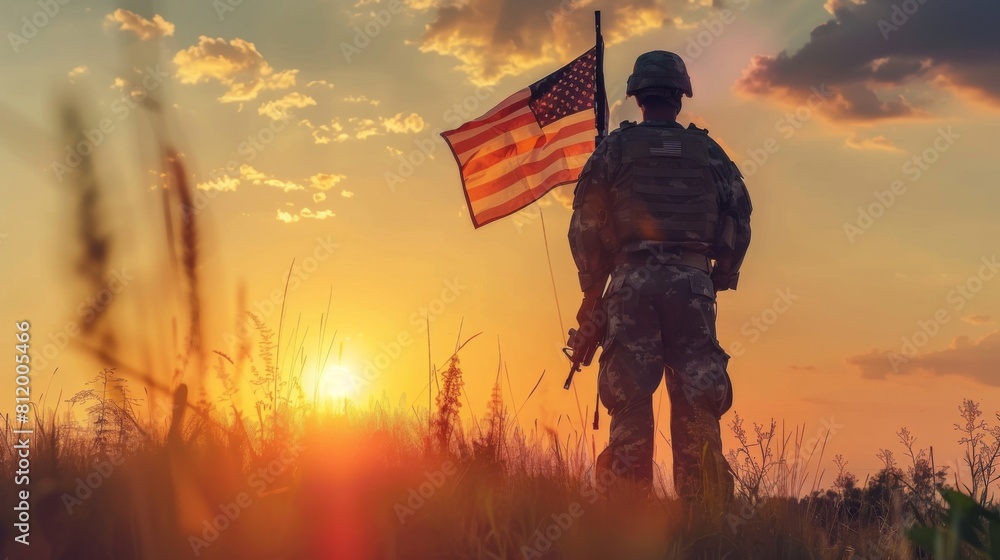 Soldier and USA flag on sunrise background .Concept National holidays , Flag Day, Veterans Day, Memorial Day, Independence Day, Patriot Day. Soldier and USA flag on sunrise background .Concept National holidays , Flag Day, Veterans Day, Memorial Day, Independence Day, Patriot Day.