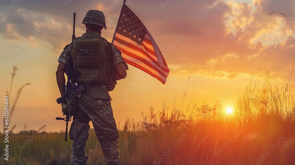 Soldier and USA flag on sunrise background .Concept National holidays , Flag Day, Veterans Day, Memorial Day, Independence Day, Patriot Day. Soldier and USA flag on sunrise background .Concept National holidays , Flag Day, Veterans Day, Memorial Day, Independence Day, Patriot Day.