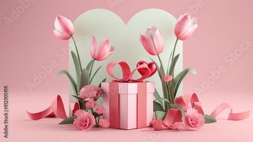 3d Celebrating Happy Mothers Day with gift box heart and flowers through greeting card