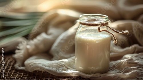 Celebrate World Vegetarian Day with a glass jar filled with lactose free milk packaged in a reusable container for a non allergenic and homemade touch Capture the essence of this wholesome  photo
