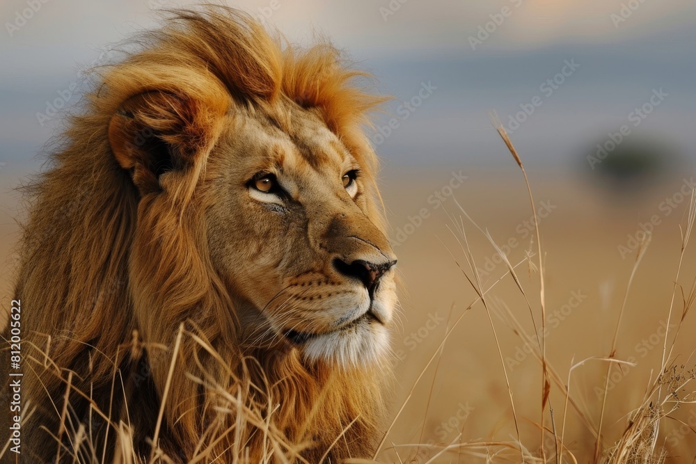 Lion portrait, lion in the savanna African wildlife landscape, AI-generated Lion portrait, lion in the savanna African wildlife landscape, AI-generated