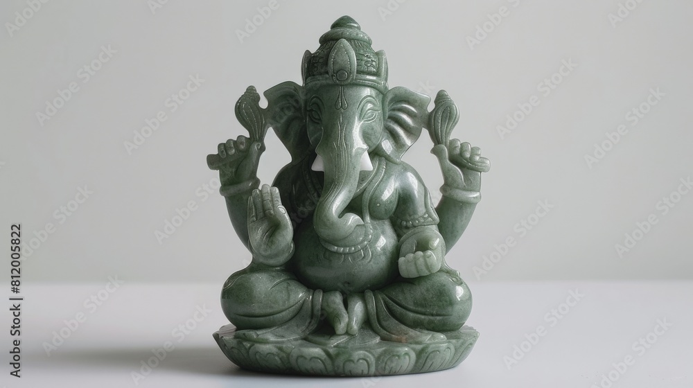 Ganesha figurine crafted from jade, positioned on a white background to highlight its fine details