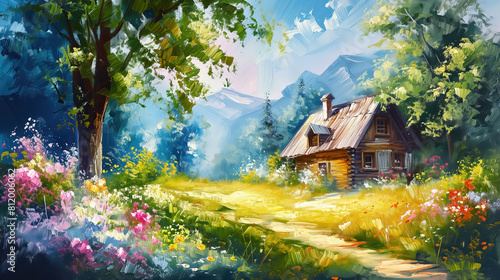 Summer landscape of the Polish countryside, an old wooden house surrounded by fields, meadows and flowers, idyllic view, oil painting.