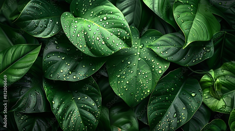 Fototapeta premium Green leaves texture background with water drops.
