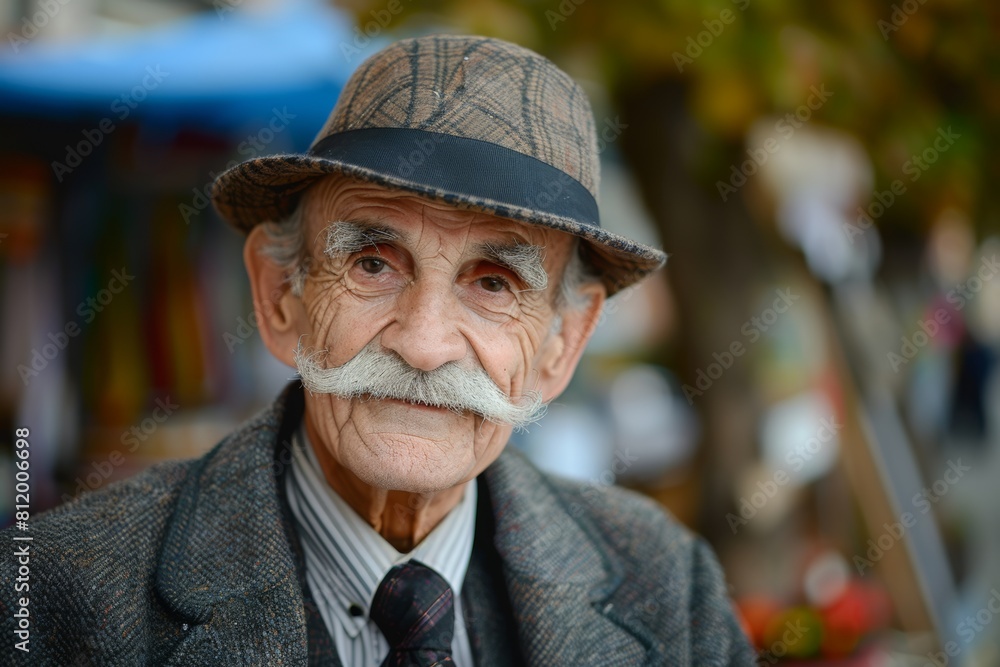 Elderly man with mustache and hat smiling outdoors Elderly man with mustache and hat smiling outdoors