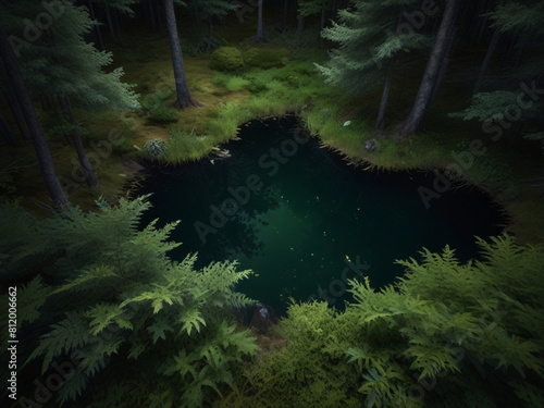 A small pond through a deep forest, the forest is very deep and the leaves of all the trees in the forest.