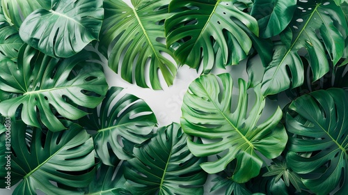 The image shows dark green tropical leaves of a Monstera plant.
