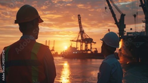 Two engineers in hard hats looking out at a busy shipping port at sunset.Water transportation industry, logistics, cruise ship production, transport ship production, fisheries © Sittipol 