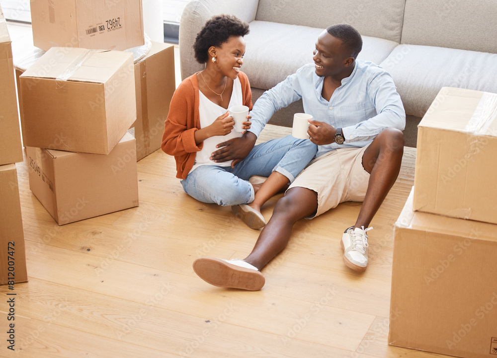 Couple, new home and boxes with pregnancy in happy for moving, house and relocating on floor in living room. African, woman and man as excited in packing for apartment or property as young people Couple, new home and boxes with pregnancy in happy for moving, house and relocating on floor in living room. African, woman and man as excited in packing for apartment or property as young people