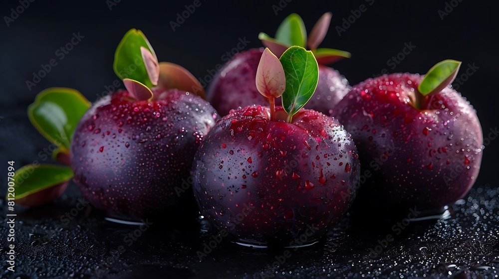 mangosteen fruit and green leaves on a black background mangosteen fruit and green leaves on a black background