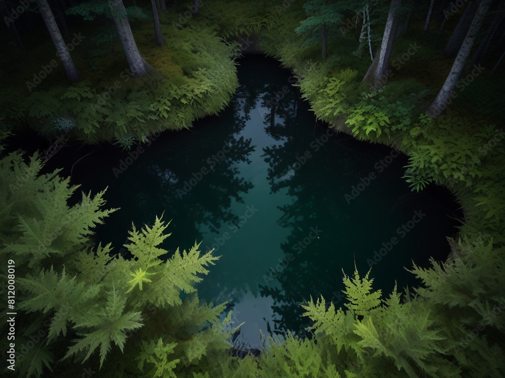 A small pond through a deep forest, the forest is very deep and the leaves of all the trees in the forest. A small pond through a deep forest, the forest is very deep and the leaves of all the trees in the forest.