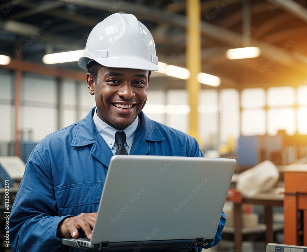 Industrial worker in safety vest using a computer to track inventory in a distribution warhouse Industrial worker in safety vest using a computer to track inventory in a distribution warhouse