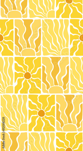 Groovy retro sun backgrounds seamless pattern of doodle shapes in hippie 70s style. Aesthetic contemporary textile print.