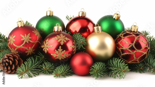 A bunch of Christmas ornaments are displayed on a white background