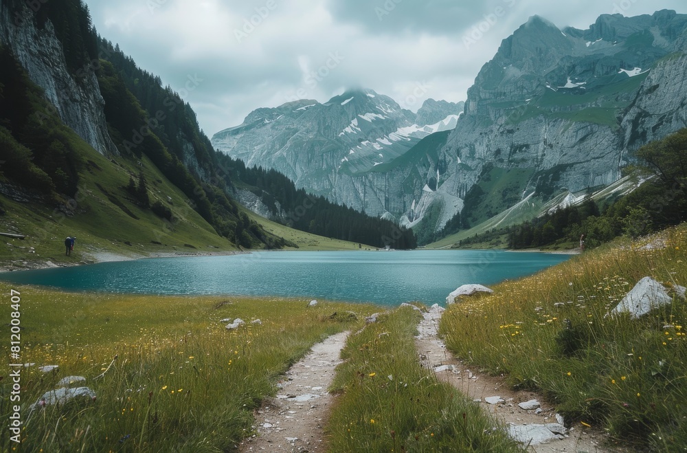 Wide-angle photo shows the surroundings around an alpine lake 