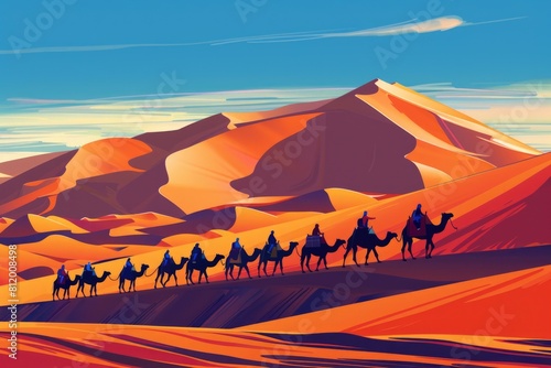 A group of people riding camels in the desert. Suitable for travel and adventure concepts