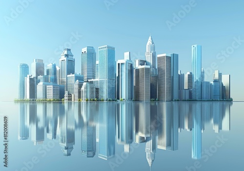 A cityscape with many skyscrapers and a river in front of it